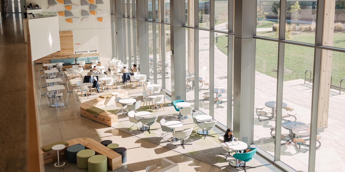 Seating area in the health and life sciences building.